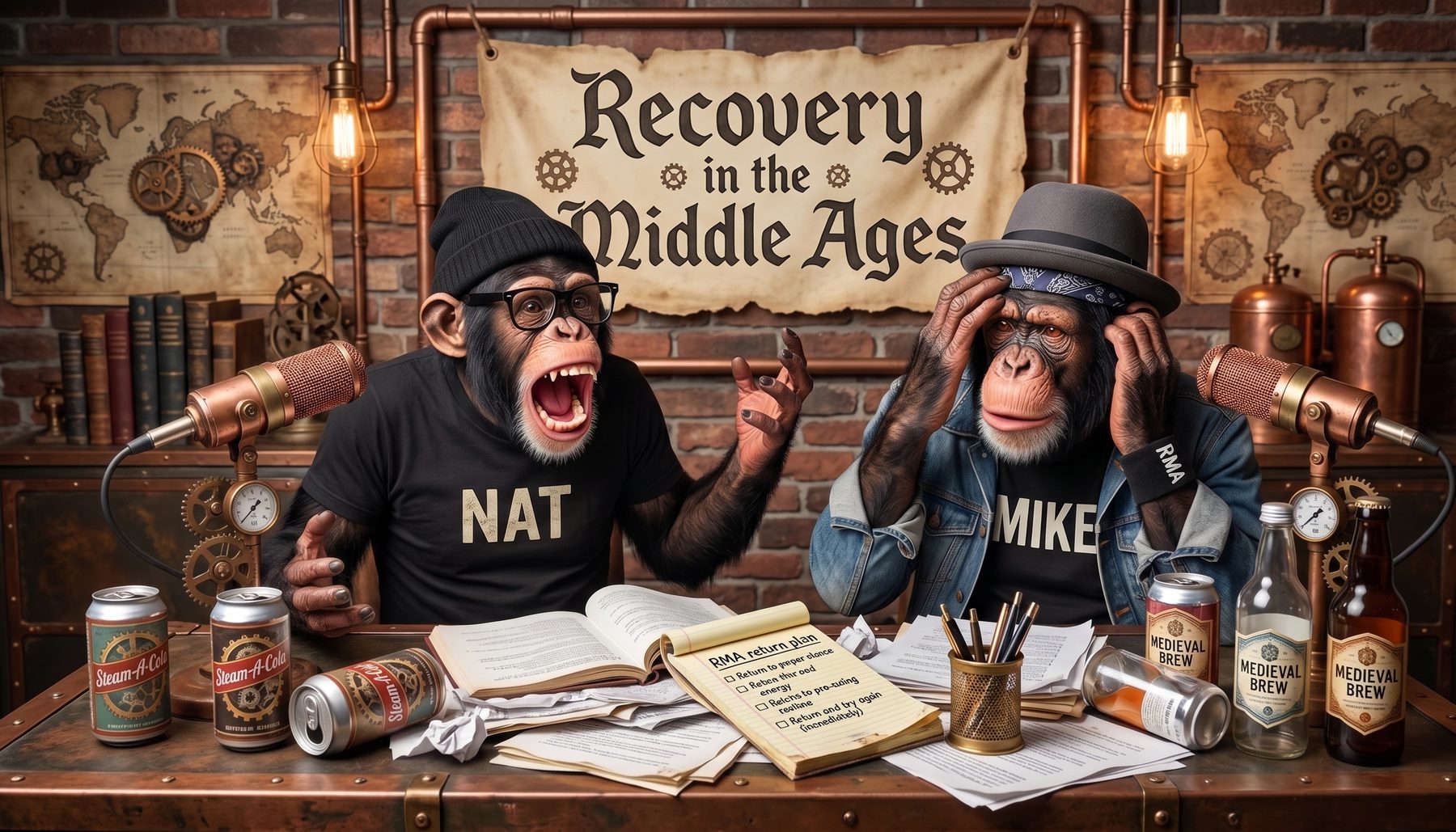 Nat and Mike, drawn as two chimpanzees in a steampunk podcast studio, mid-argument over copper microphones beneath a Recovery in the Middle Ages banner.